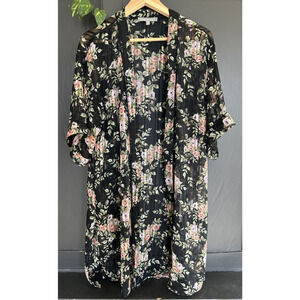 Daniel Rainn Anthropologie Floral Sheer Kimono One Size Black Boho Lightweight